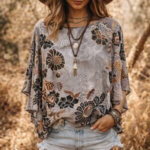 Bob Mackie Top Women's Size XS Embellished Gray Floral Pocho Dolman Like Sleeves